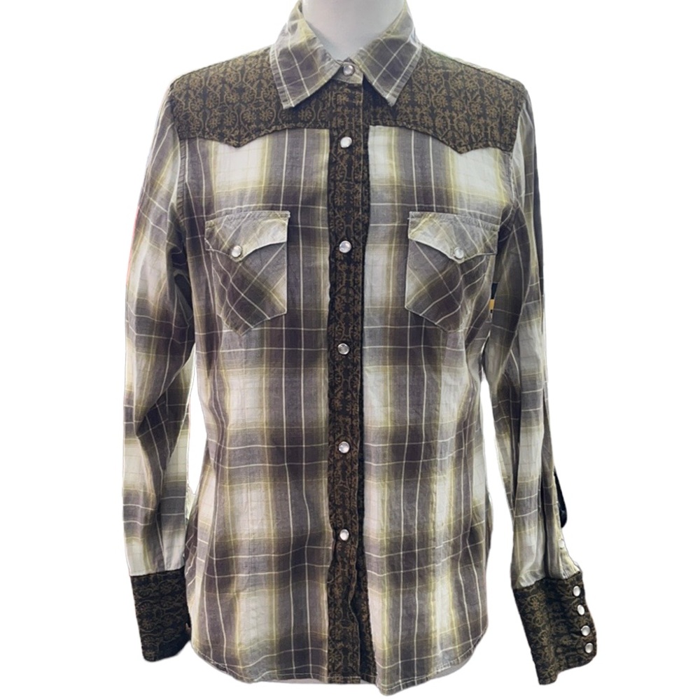 Women’s Roper Western Cowgirl Pearl Snap Front Brown Plaid Shirt (M)